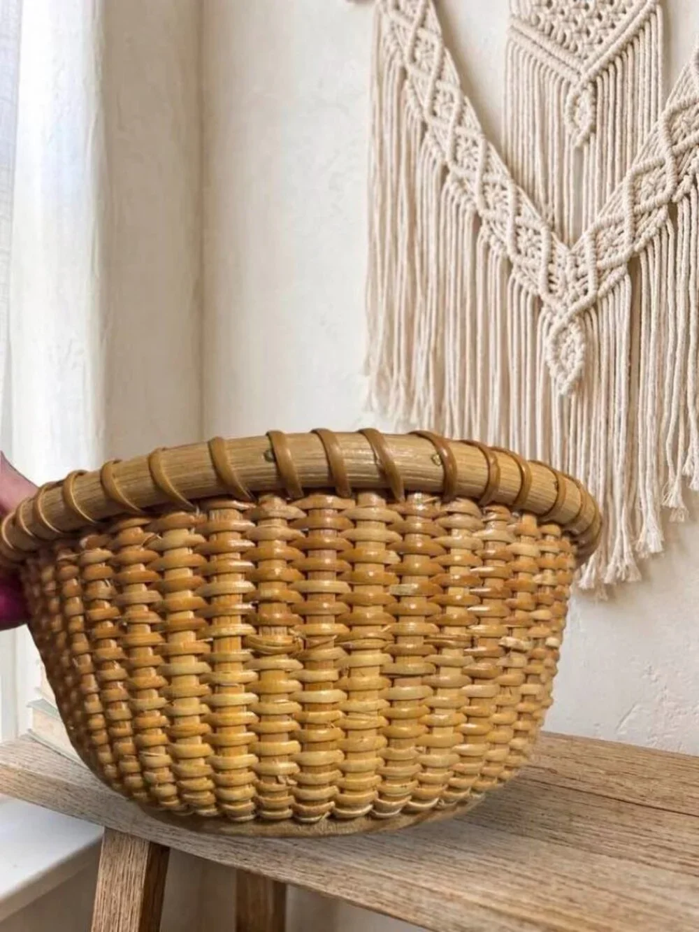 Vintage Handwoven Nantucket Style Oval Bread Basket | Solid Hardwood Base | Coas